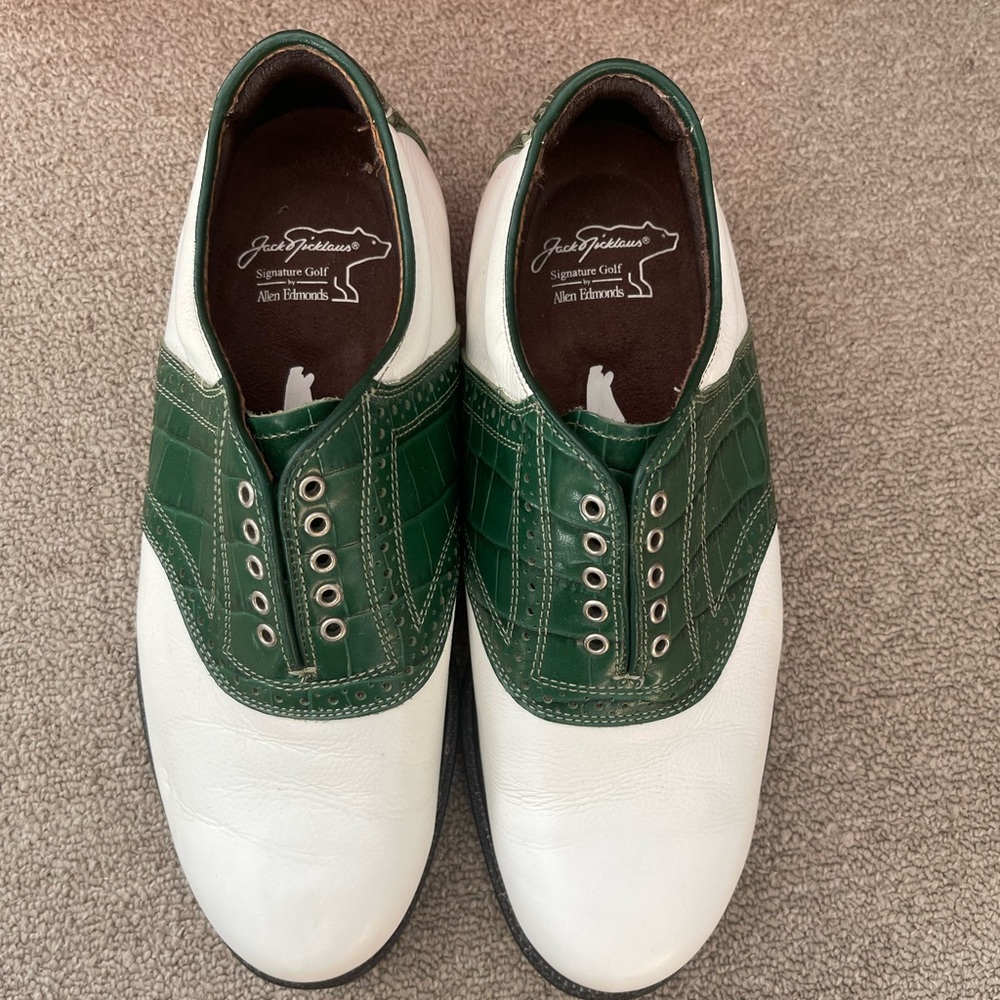 Green and white Jack Nicklaus Signature saddle golf shoes Allen Edmonds